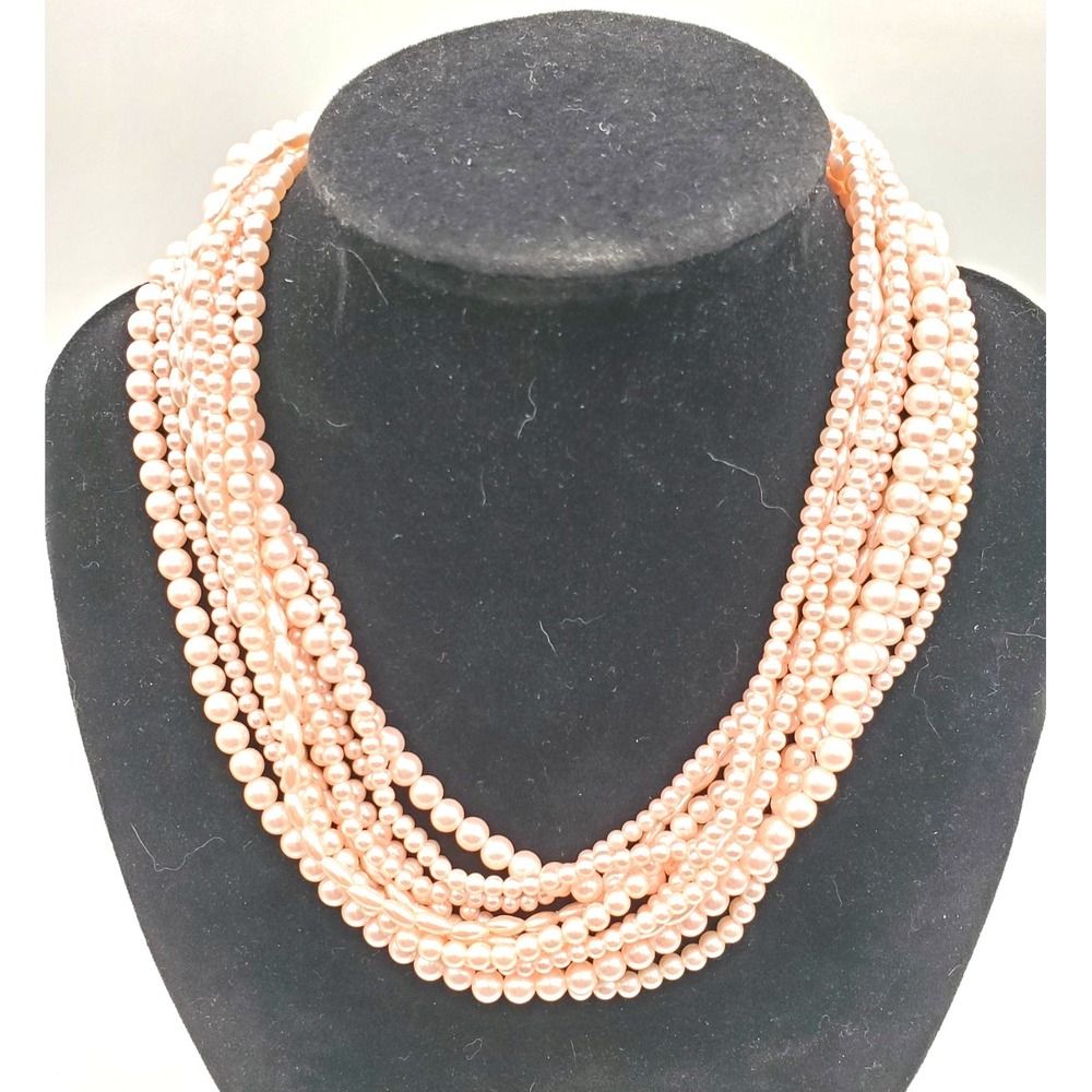 Vintage‎ 5 Strand Blush Pink Faux Pearl Necklace 30" Graduated Gold Tone
